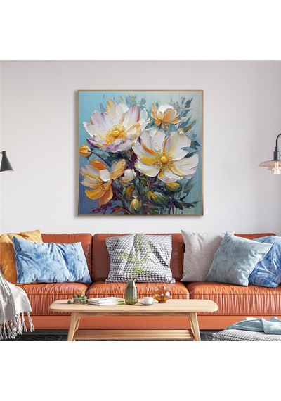 Yağlı Boya Dokulu Tablo Soyut Modern Beyaz Çiçekler Altın Çerçeveli U02032-178886