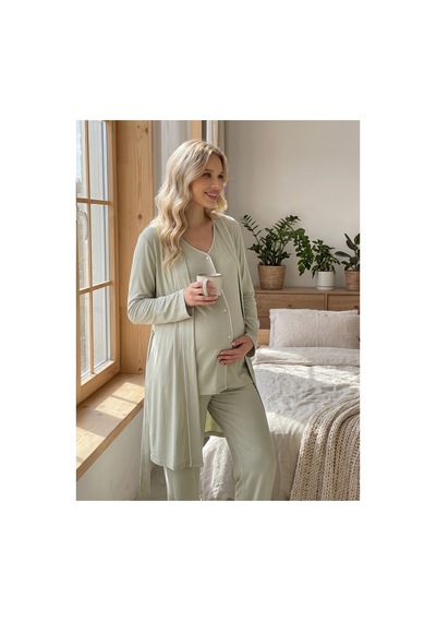 Hafsara Viscoz Yumuşak Dokulu Önden Düğmeli Sabahlıklı Lohusa Pijama Takımı Yeşil