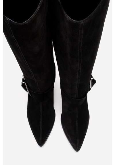 Luvishoes Helıos Siyah Süet Hakiki Deri Tokalı Kadın Western Çizme Siyah Süet
