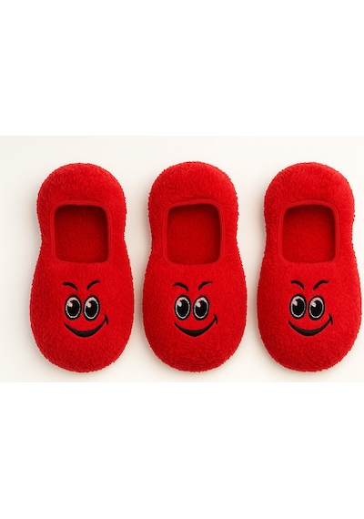 Ozzy Socks Kadın Kırmızı Gülümseyen Yüz Desenli Uyku Patik Çorap 3'lü Paket Kırmızı3