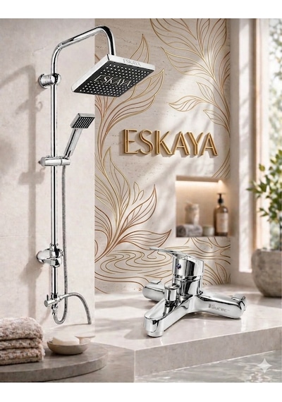 Eshome 4 Lü Banyo Duş Seti Robot Batarya Lavabo Musluk Krom Parlak Modern Banyo Seti