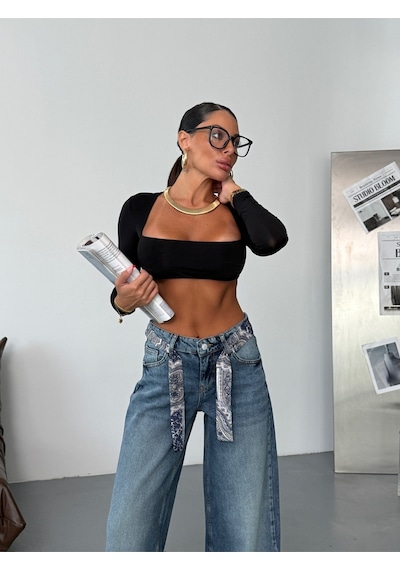 Desenli Kuşak Detaylı Geniş Paça Mavi Denim Pantolon Mavi