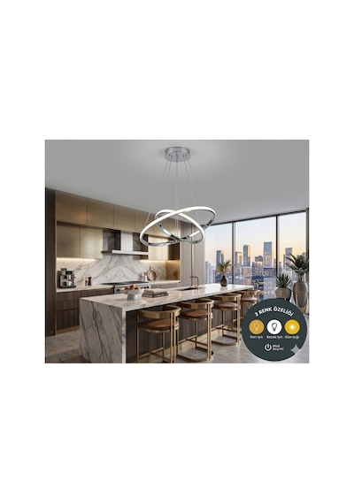 Luxury Krom 2'li Halka Led Sarkıt Avize - 3 Renk Işıklı Modern Salon Mutfak Avizesi