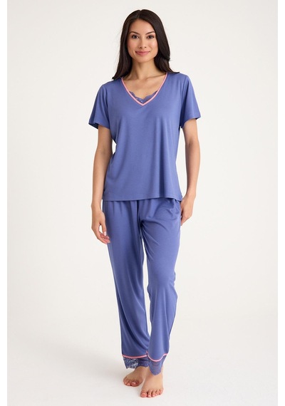 Amarelle Dream Mavi/pembe V Yaka Dantel Detaylı 4 Parça Pijama Takım Set Mavi/pembe