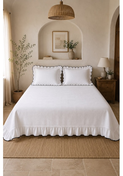 Uçkan Home %100 Pamuk Tek Kişilik Fırfırlı Pike Seti---uh-pike-13 Siyah-beyaz