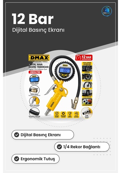 Dijital Lastik Şişirme Tabancası 12 Bar Rekor Bakım Ürünü Basınç