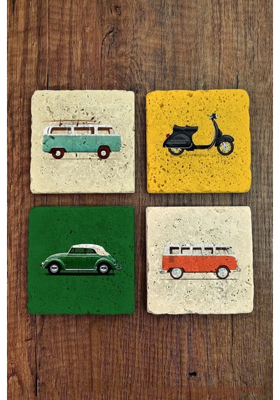 Doğal Taş Bardak Altlığı 4'lü Set 10x10x1 Cm Araba Ve Motor Baskılı-stone Coasters Çok Renkli