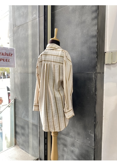 Pera Moda Oversize Çizgili Uzun Kadın Gömleği Taş