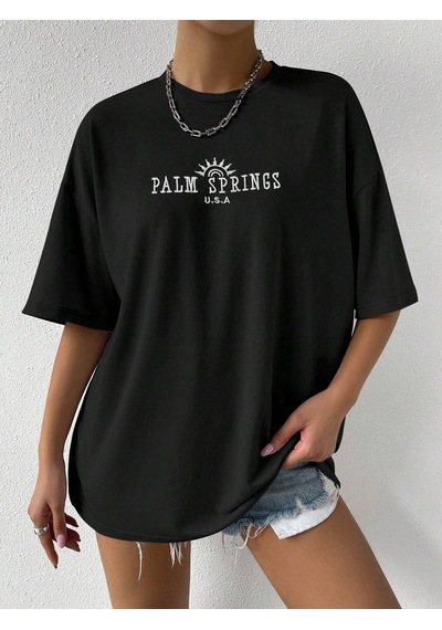 Palm Springs T-shirt - Siyah Baskılı Oversize Bisiklet Yaka Kısa Kol Tişört Siyah Palm Springs T-shirt - Siyah Baskılı Oversize Bisiklet Yaka Kısa Kol Tişört Siyah