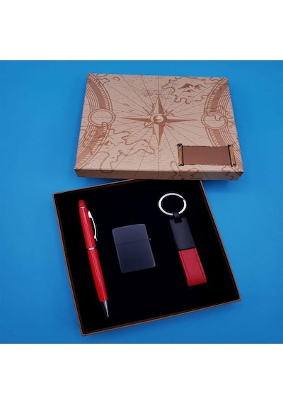Kişiye Özel Kalem Anahtarlık Çakmak Set Kırmızı