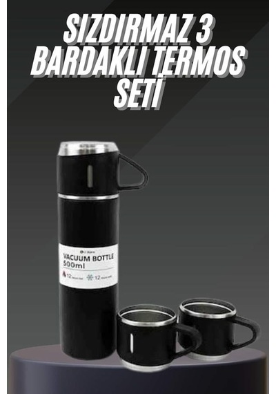 Termos Seti Paslanmaz Çelik 500 Ml 3 Bardaklı Vakumlu 12 Saat Isı Korumalı Çok Renkli