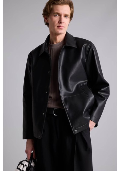 Defacto Regular Fit Çıtçıtlı Siyah Erkek Deri Mont H2233ax/bk27