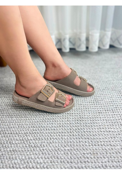 Asmi Shoes Kadın Eleni Vizon Süet Çift Tokalı Rahat Taban Terlik