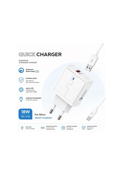 M-09 Smart Charger 18w 5v 3.1a Qualcomm Quick Charge 3.0 Şarj Aleti Usb Girişli Adaptör Mikro Usb Şarj Kablosu