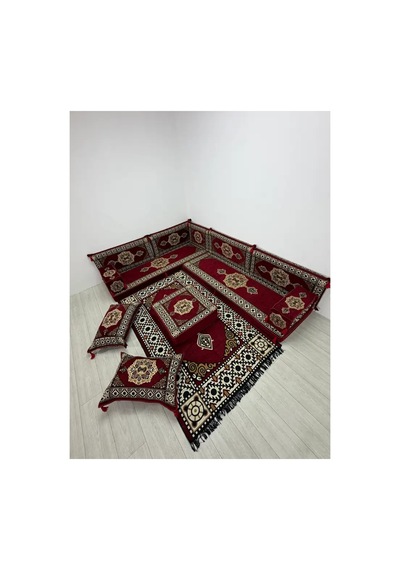 Güneş Modeli Bordo Otantik Şark Köşesi Takımı L Set - Geleneksel Yer Minderi Seti 10 Cm Minder Kalınlığı 13 Parça