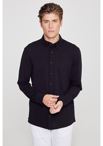 AC&Co / Altınyıldız Classics Erkek Sıyah Pamuklu Tailored Slim Fit Dar Kesim Düğmeli Yaka Örme Gömlek Siyah