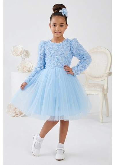 Mnk Baby & Kids Luvia Uzun Kol Kız Tütü Abiye Elbise M00810 Mavi