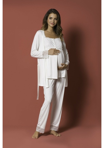 Monamise 18203 Hamile Lohusa Sabahlıklı Pijama Takımı-ekru