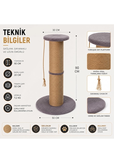 Dev Büyük Boy Kedi Tırmalama Borusu, 20 Cm Çaplı 90 Cm Yüksek Gerginlik Azaltıcı Tırmalama Yüzeyli Üstten Otu
