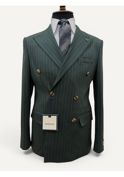 Hermose Sartorial Zümrüt Yeşili Çizgili Kruvaze Takım Elbise Yeşil
