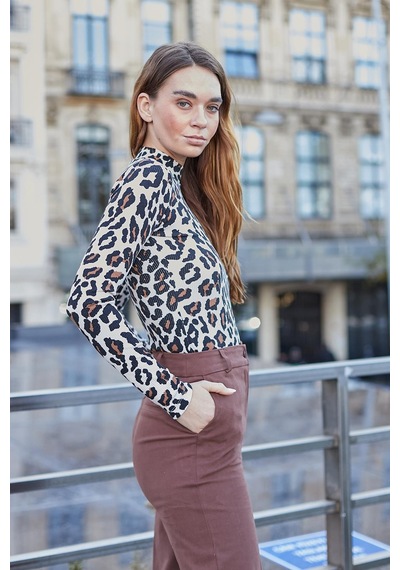 Jument Kadın Kaşkorse Yarım Balıkçı Uzun Kol Desenli Body Bluz-bej Leopar Bej Leopar