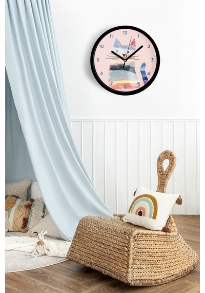 Renkli Kedi Tasarım Modern Duvar Saati - Çocuk Odası Duvar Saati - 30cm - Önü Camlı Siyah Kasa-jh1127 Siyah