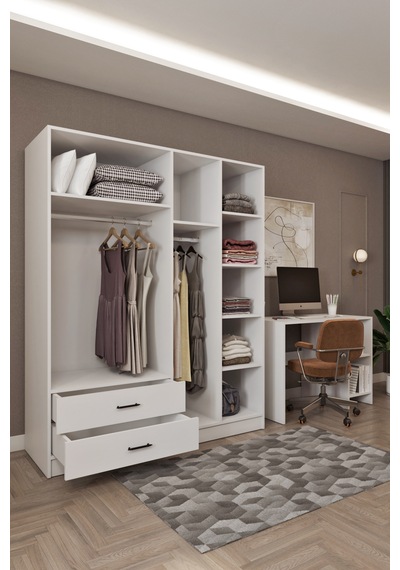 Ases Mobilya Ases Hdf5358 Genç Odası Gardırop Ve Çalışma Masası Hediyeli Beyaz - Safir Meşe Beyaz