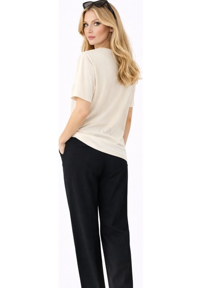 Qu Style Premium Basic Oversize Kadın Tişört Yumuşak Dokulu Günlük Rahat Kalıp T-shirt Ekru
