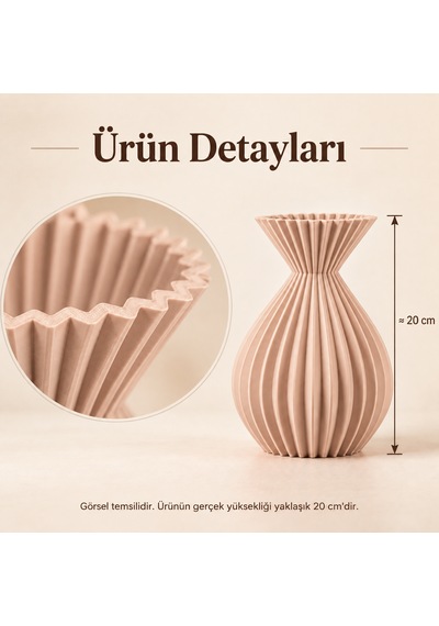 Çizgili Dekoratif Vazo 20 Cm Ahenk Serisi Modern Kuru Çiçeklik Bej