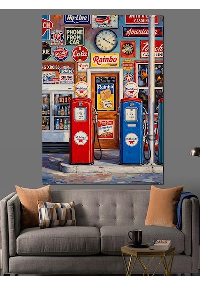 Ahşap Tablo Retro Benzin İstasyonu Pompası