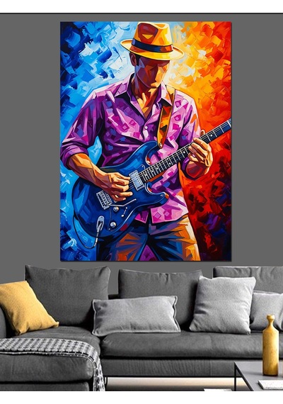 Ahşap Tablo Mavi Şapkalı Elektro Gitar Çalan