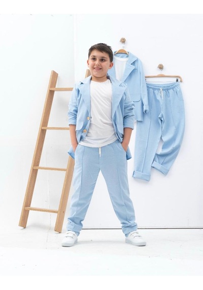 Zelhanjunior Erkek Çocuk Keten Takım Elbise 3 Parça Açık Mavi