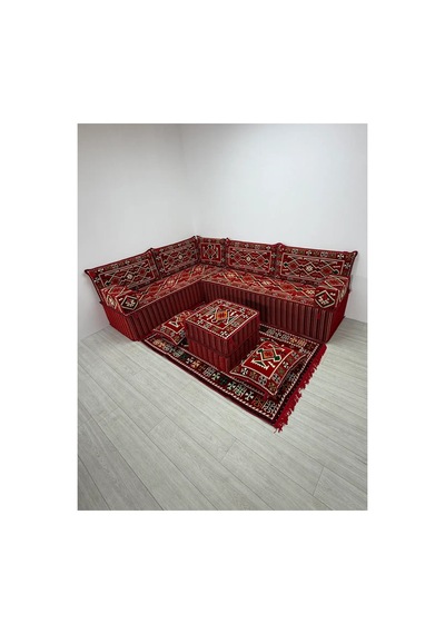 40 Cm Kalın Süngerli Kırmızı Anadolu Şark Köşesi - Kilim Desenli L Yer Minderi Seti