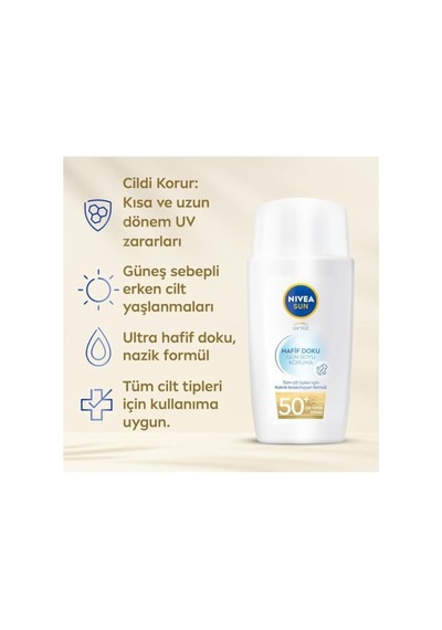 Nıvea Sun Spf50+ Hafif Dokulu Güneş Koruyucu Yüz Kremi 40ml, Yüksek Güneş Koruyucu, Erken Yaşlanma Karşıtı, Tüm Cilt Tipleri