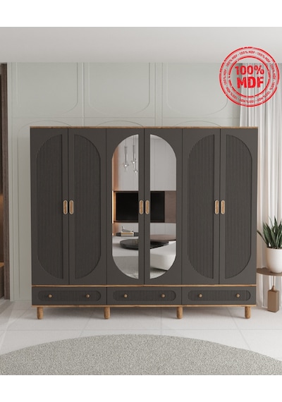 Soho 6 Kapaklı Çekmeceli Gardırop - Tamamı Mdf Antrasit
