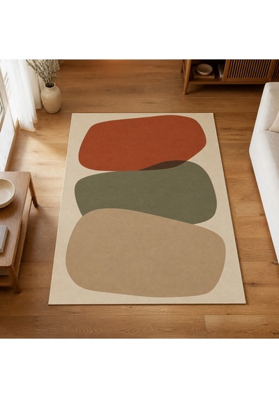 Kartela Halı Katman Taş Desenli Modern Halı Bej Kaymaz Taban Makinede Yıkanabilir 60x90 Cm