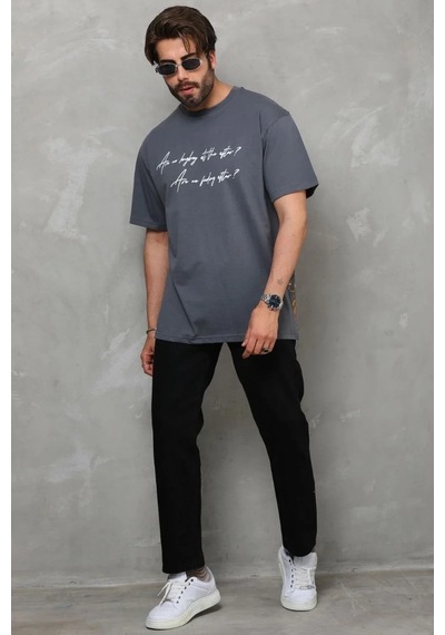 Erkek Bisiklet Yaka Baskılı Oversize T-shirt - Füme Füme
