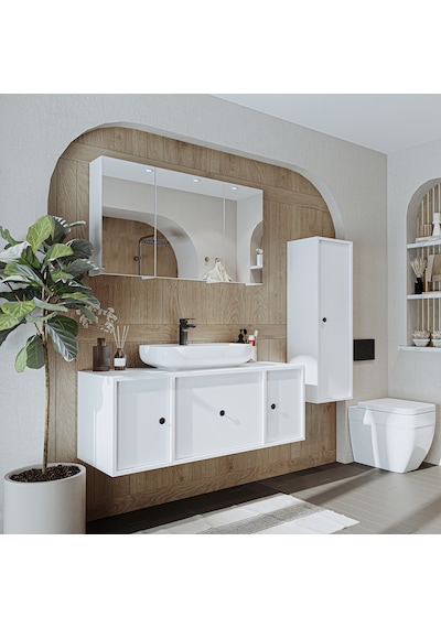 Oval Lavabolu Mat Mdf 120 Cm Banyo Dolabı + Aynalı Dolabı Beyaz Mat Beyaz