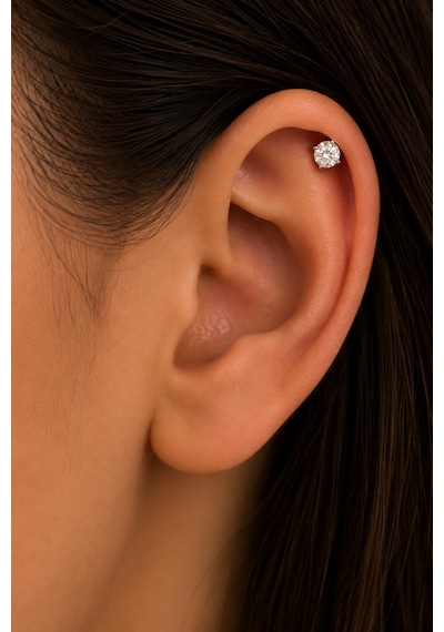 Sertifikalı 316l Çelik Yuvarlak Tektaşlı Dört Tırnaklı Premium Gümüş Renk Tragus Ve Helix Piercing