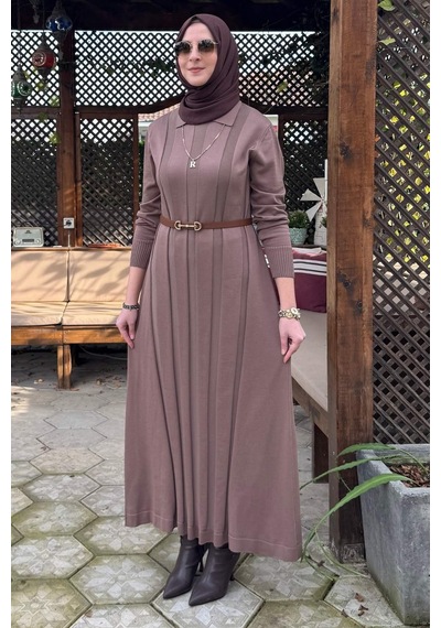 Rabia Şamlı Biricik Kemerli Triko Elbise Sütlü Kahve Normal