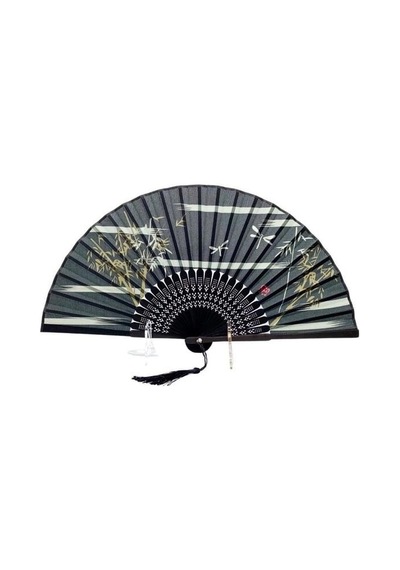 Beluga Yelpaze Bambu Kumaş Serinletici Vintage Siyah Şık Dekorasyon Püsküllü Japon Yelpaze 0174