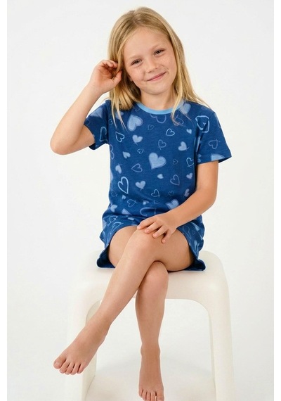 Breeze Kız Çocuk Şortlu Pijama Takımı Kalp Desenli 4-8 Yaş, İndigo