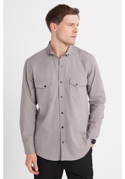 Tudors Erkek Regular Fit Rahat Kesim Çift Cepli Spor Yaka Denim Gri Gömlek-36856 Gri