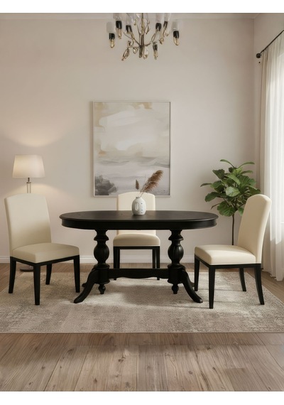 Lindon Çift Baba Ayaklı Açılır Masif Ahşap Oval Yemek Masası 100x170 Siyah