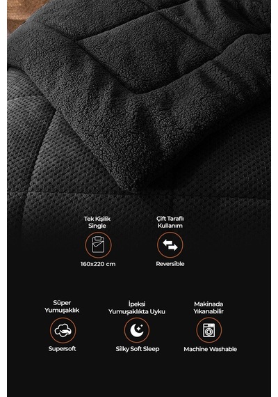 Ultra Yumuşak Tek Kişilik Çift Taraflı Wellsoft Peluş Yorgan Yıkanabilir 160x220 Siyah Siyah