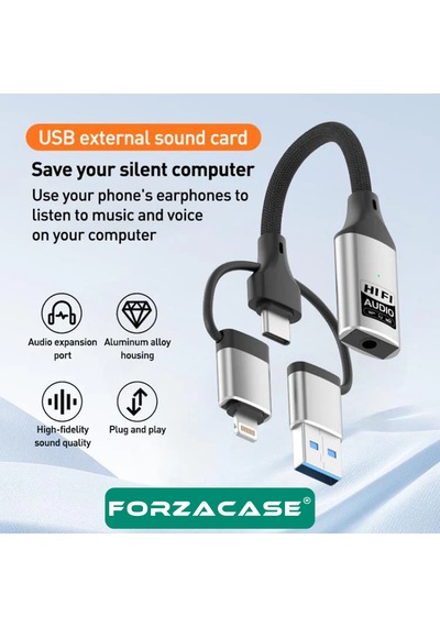 Forzacase 3in1 Apple Uyumlu iPhone Lightning, Type-c, Usb Girişli 3.5 Mm Aux Çevirici Kulaklık Jak Adaptör Fc1164 1 Adet