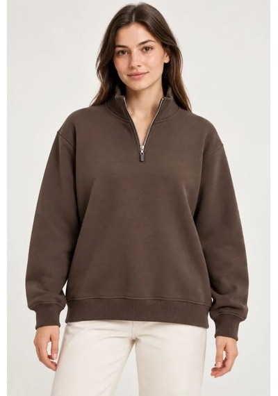 Üç İplik İçi Şardonlu Dik Yaka Yarım Fermuarlı Kışlık Sweatshirt - Kahverengi