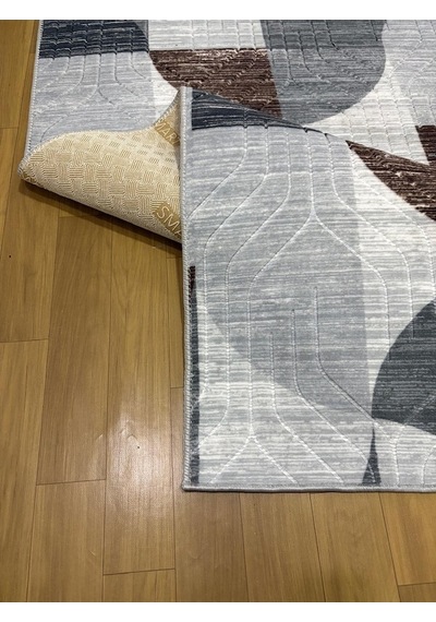 Kaymaz Taban Gri Kahve Modern Geometrik Yıkanabilir Salon Mutfak Koridor Yolluk Halı Gri-kahve