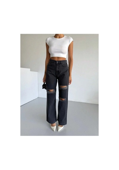 Kene Jeans Çift Diz Lazer Yırtık Füme Bol Paça Jeans Füme