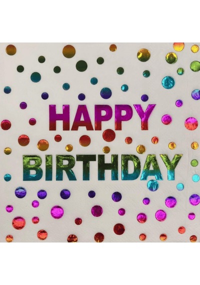 Peçete Varaklı Happy Birthday Yazı Beyaz Üst Rengarenk